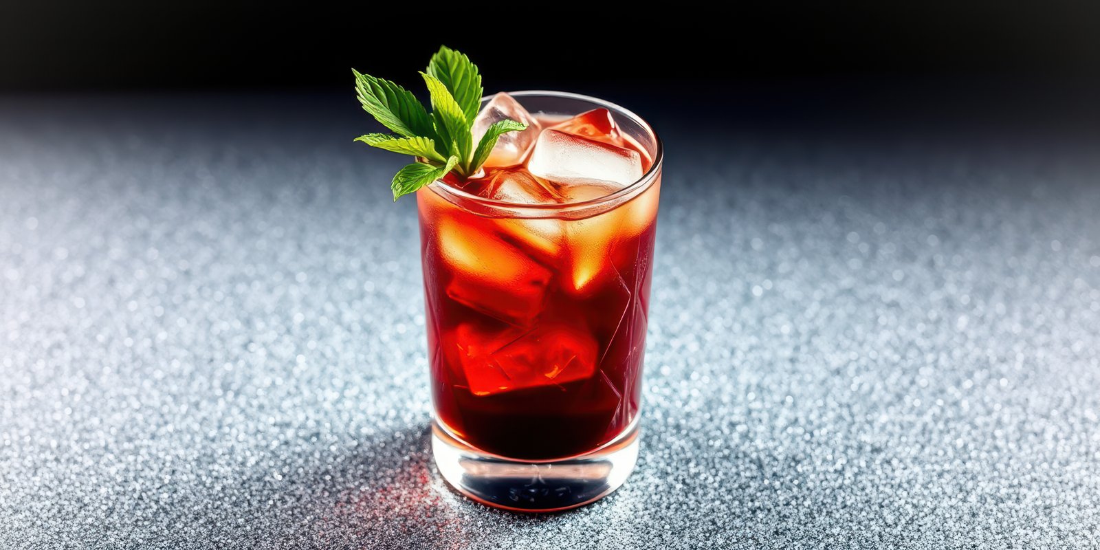 Refreshing iced beverage served in a glass with mint leaves on a sparkling surface